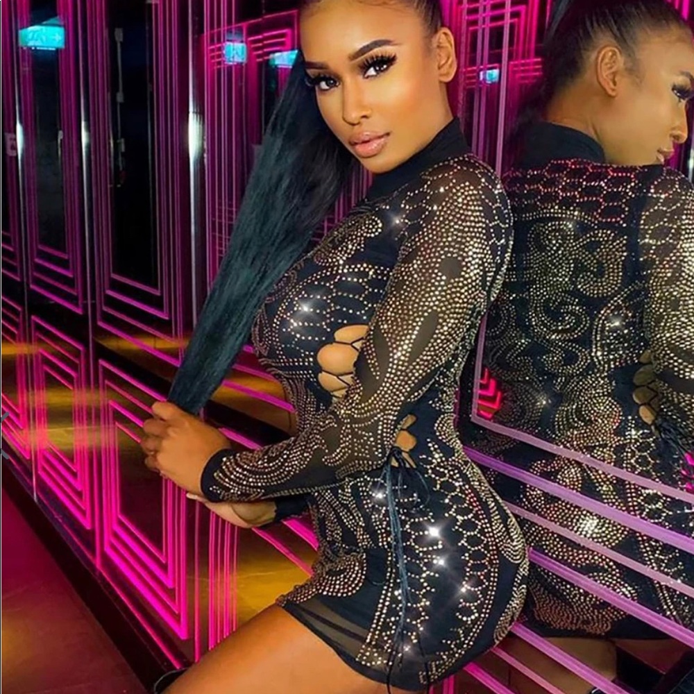 Beautiful Gold Studded Black Mini Dress